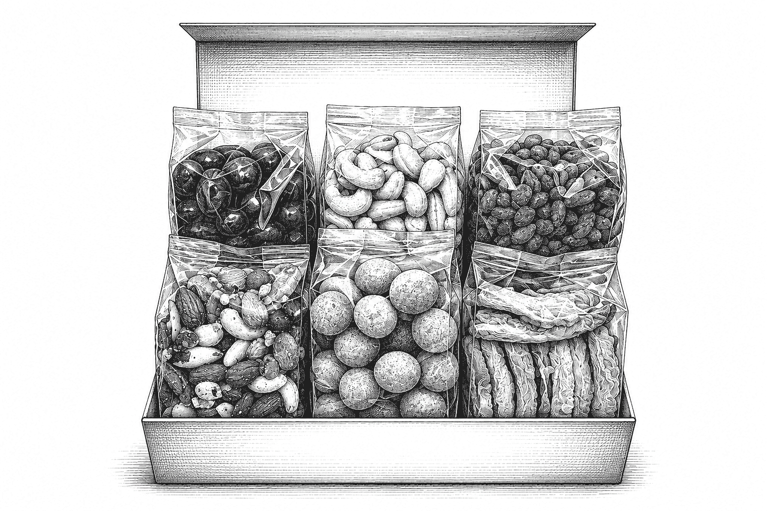 Vintage black and white engraved illustration of an open Ditters gift hamper box displaying six assorted bags of nuts, chocolate and dried fruit on a pure white background.