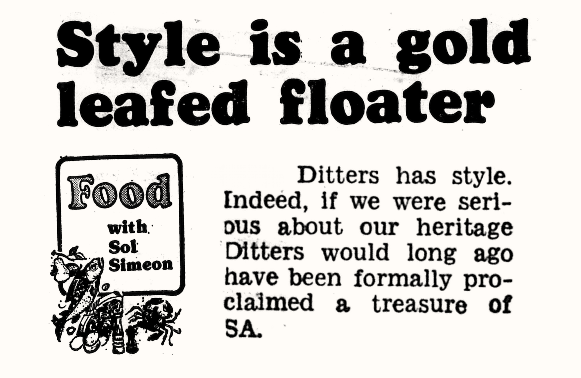 1982 Sunday Mail clipping describing Ditters as having style and deserving to be proclaimed a treasure of South Australia.