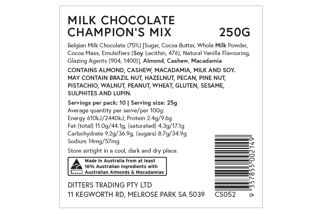 Ditters milk chocolate champion’s mix ingredients label