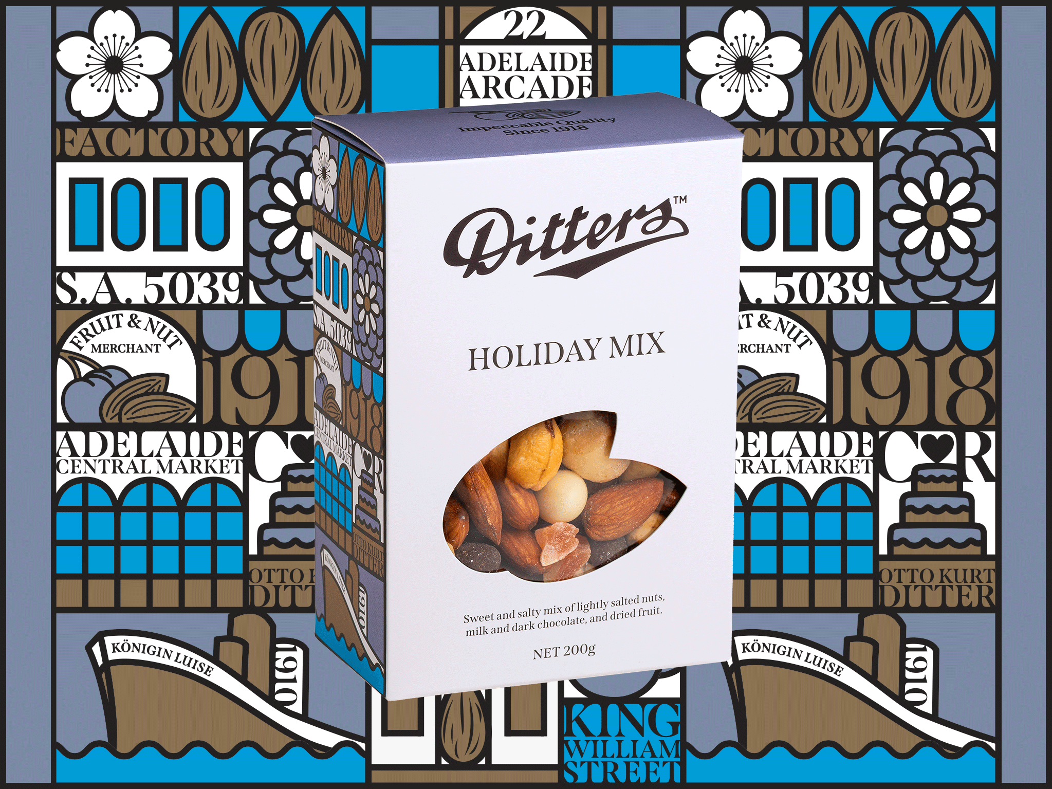 Holiday Mix Story Gift Box featuring a sweet and salty mix of premium nuts, milk and dark chocolate, and dried fruit in front of the colourful illustrated Ditters Story Gift Box artwork celebrating Adelaide heritage.
