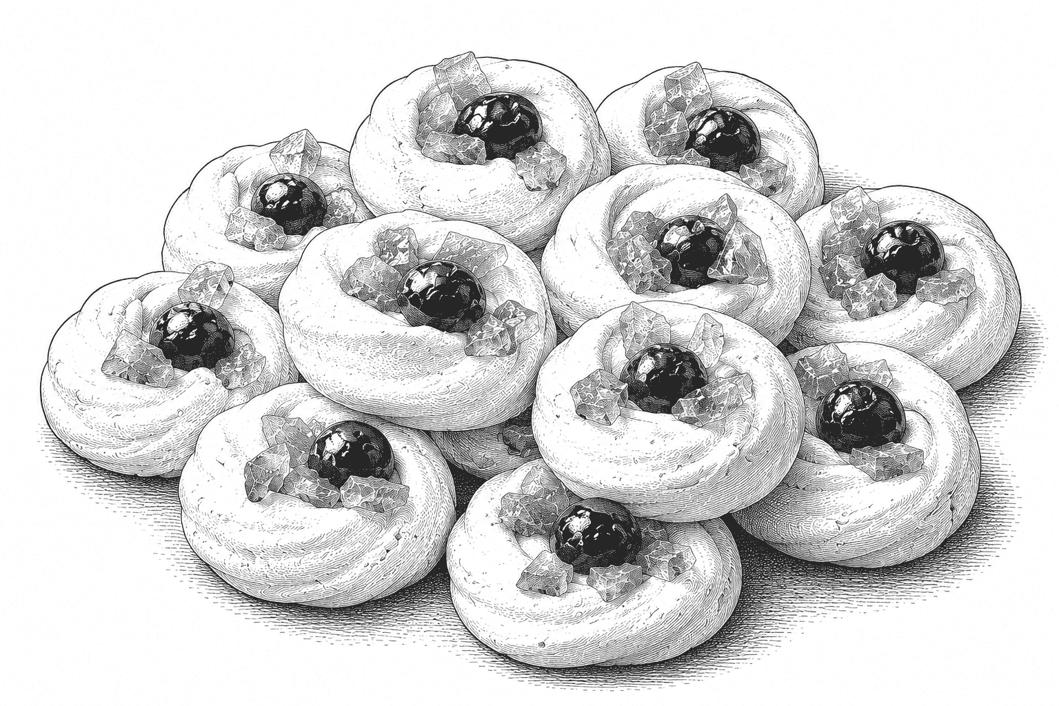 Vintage engraved illustration of meringue biscuits topped with dark glacé cherries and diced green glacé fruit.
