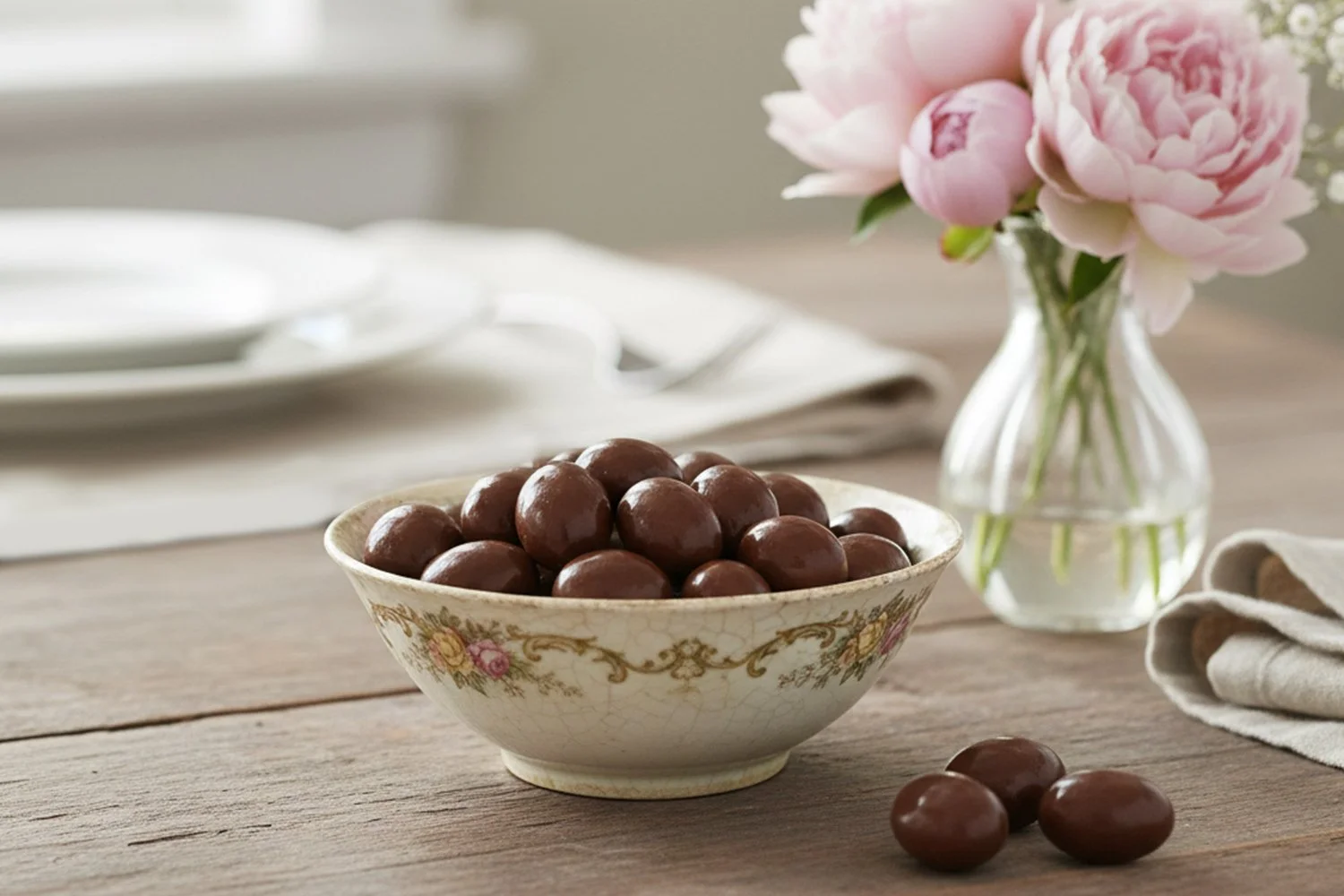 milk scorched almonds in vintage bowl with light pink roses in vase beside it