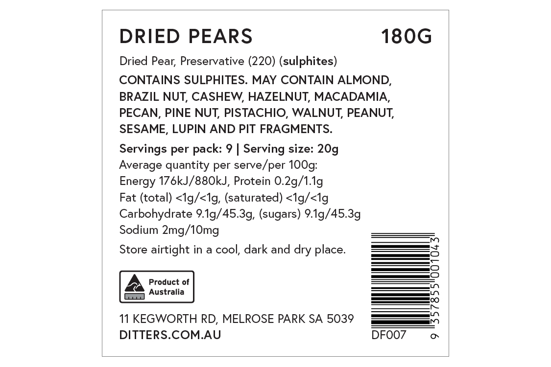 Ditters dried pear ingredients label