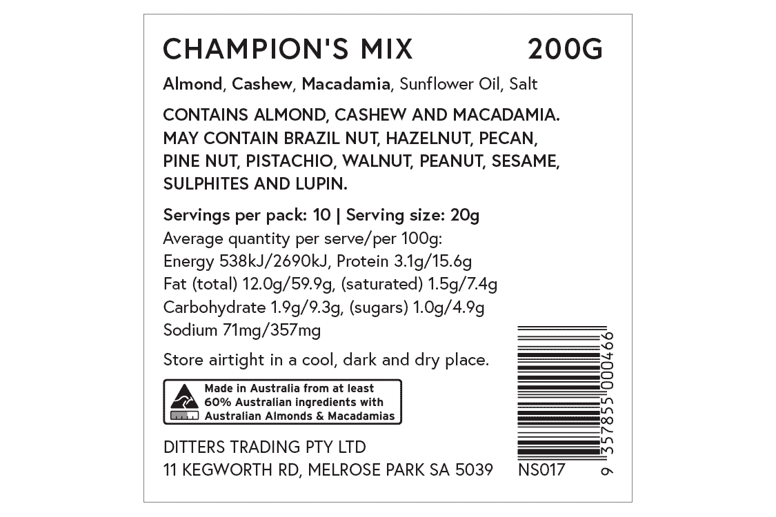 Ditters champion’s mix ingredients label