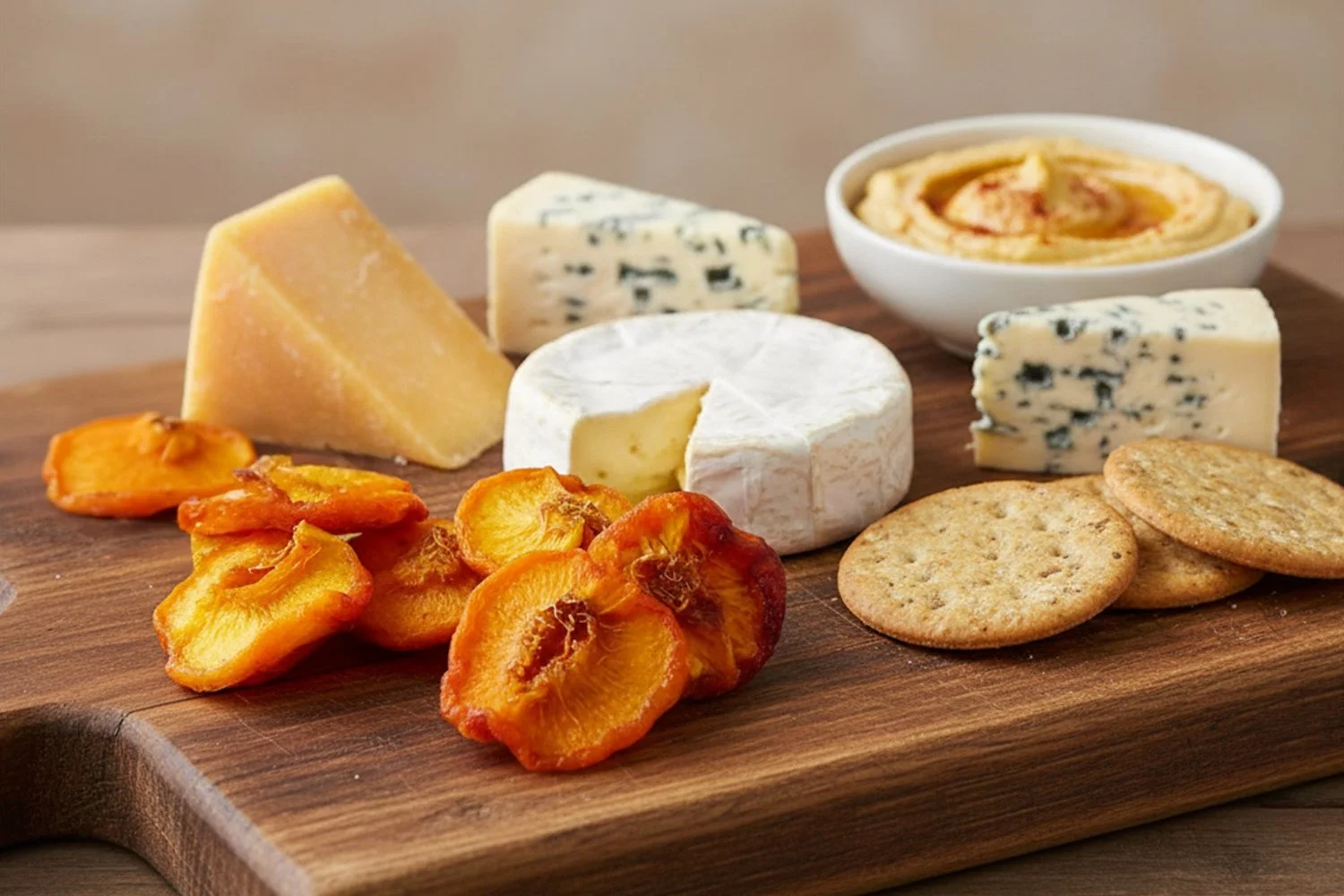 dried nectarines on a timber board with  a variety of cheeses, crackers and dip