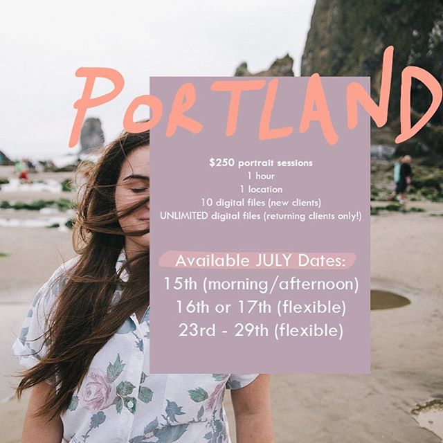 Hey Portland! I'm MOVING Aug 1st!
⠀⠀
I'm offering a discount on my 1-hr portraits as well as a special offer to any returning clients. 🎉⠀⠀
Sessions are $50 OFF the normal price (normally $300) for anyone who books. And returning clients get ALL of t