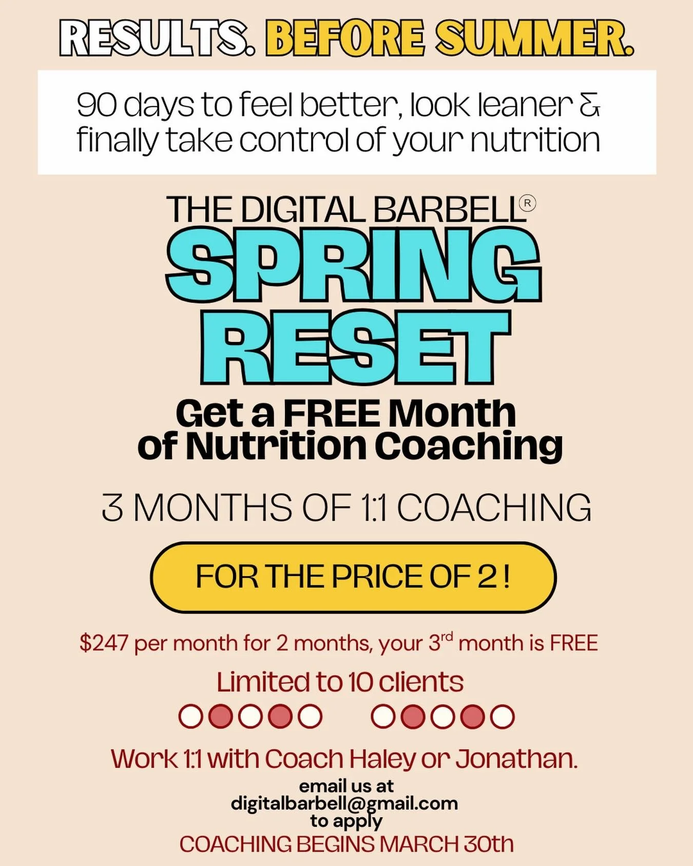 Only 7 spots left for our Spring Reset Nutrition Coaching.

(We opened 10&hellip; 3 are already gone.)

Here&rsquo;s the reality: The results you want this summer will come from what you do over the next 90 days.

Please don&rsquo;t even consider jum