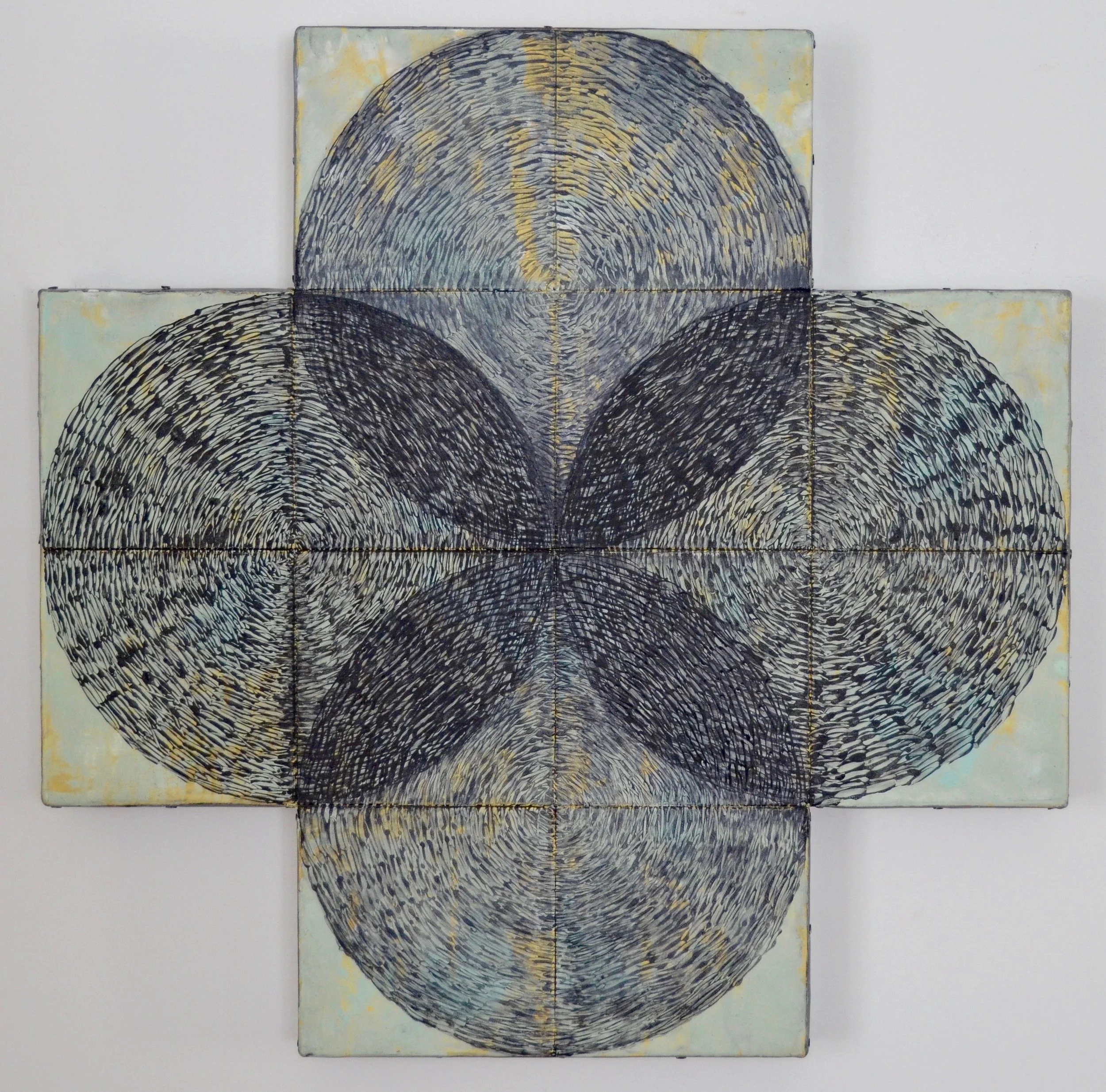 Overlap, encaustic on shaped panel, lead, 24x24