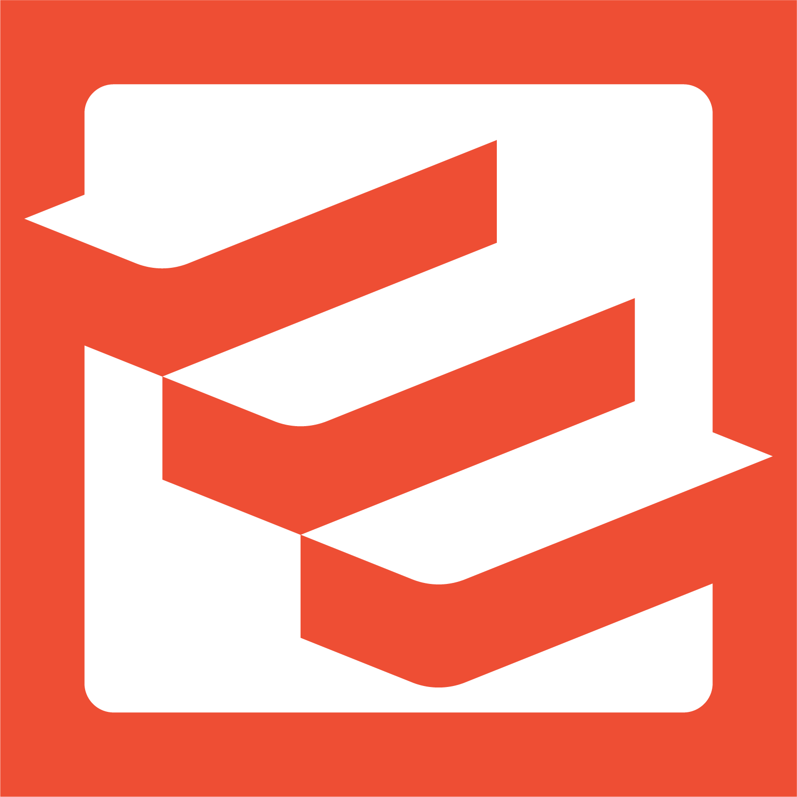 Stylized graphic of a 3D letter L in black on a red background.