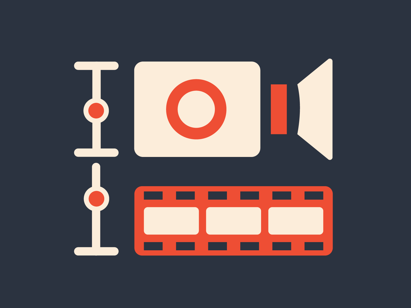 Flat design of video production equipment including a microphone, a camera, and a film strip on a dark background.