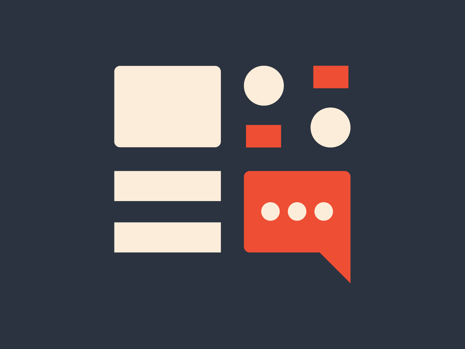 Simplified graphic with geometric shapes and icons representing communication: a large square, two circles, two rectangles, and a speech bubble with three dots on a dark background.