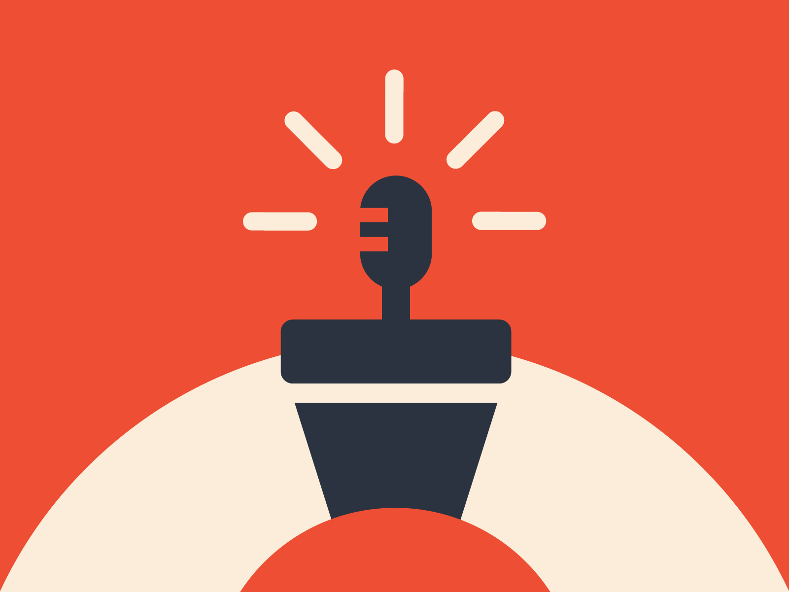 Minimalist illustration of a microphone on a podium with sound lines radiating from it, set against a red background with a curved white shape at the bottom.