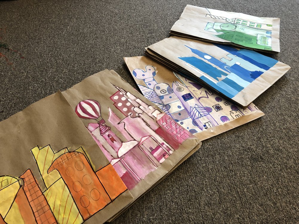 rainbow grocery bag city art project