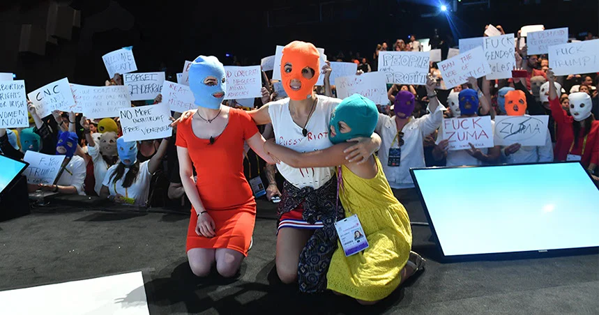 Pussy Riot’s Sacha (left) and Nadya, with Sacha’s daughter Gera at the Grey Music seminar