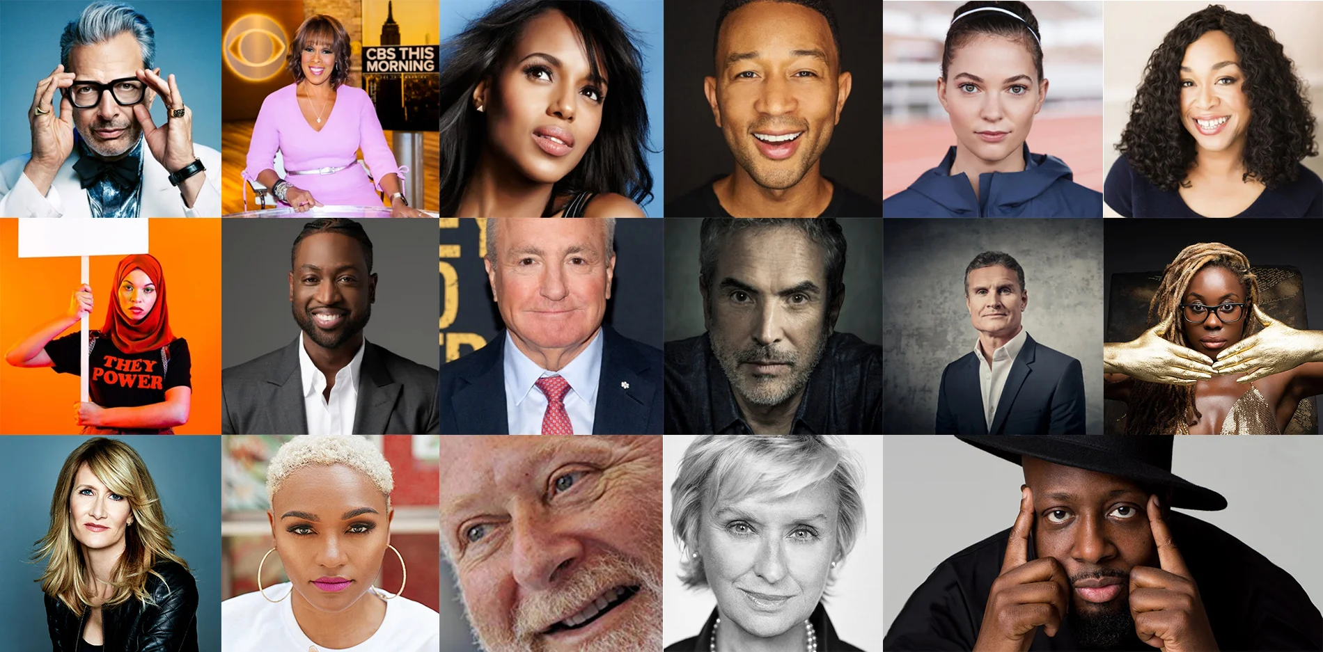 Clockwise from left; Jeff Goldblum, Gayle King, Kerry Washington, John Legend, Marlou van Rhijn, Shonda Rhimes, Adelaide Damoah, David Coulthard, Alfonso Cuaron, Lorne Michaels, Dwayne Wade, Blaire Imani, Laura Dern, Lauren ‘Lolo’ Spencer, Jonathan Lynn, Tina Brown and Wyclef Jean