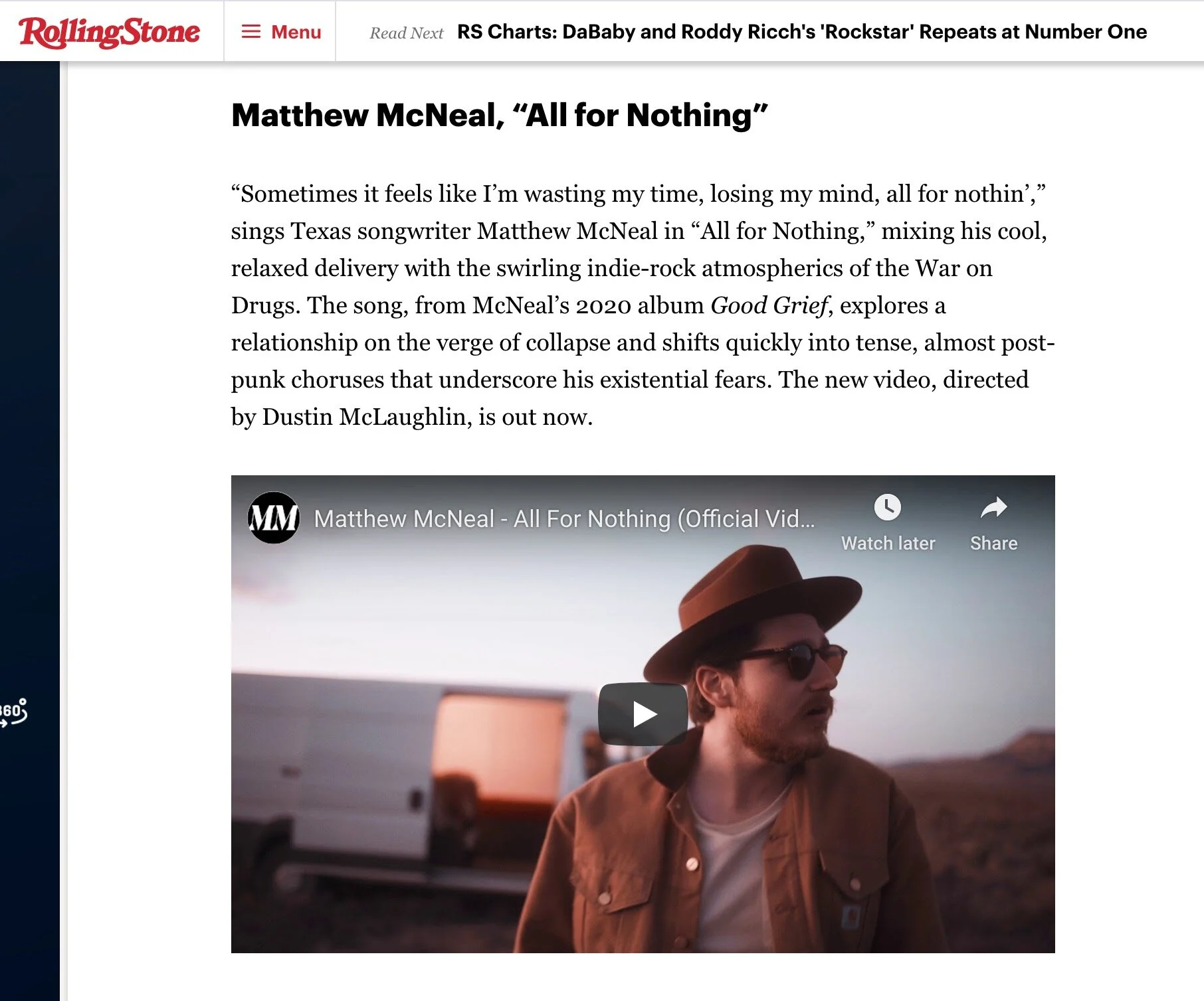 Matthew McNeal premieres 'All For Nothing' music video with Rolling Stone