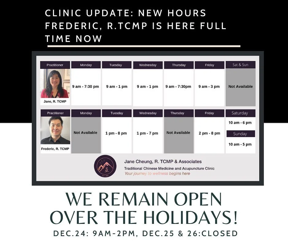 Frederic, R.TCMP will be here in Oshawa full time now (sorry, Toronto). Yay!

Jane, R.TCMP and Frederic, R.TCMP will be taking a few days off over the holidays. It is short but at least something.  We promise to rest and enjoy our peaceful times with