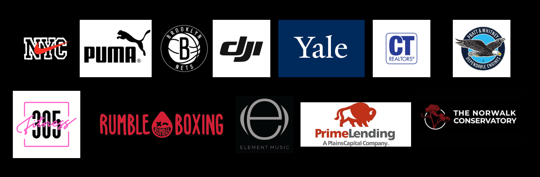 Collection of various logos including Nike, Puma, Brooklyn Nets, DJI, Yale, CT Realtors, Pratt & Whitney, JOE Fitness, Rumble Boxing, Element Music, PrimeLending, and The Norwalk Conservatory.