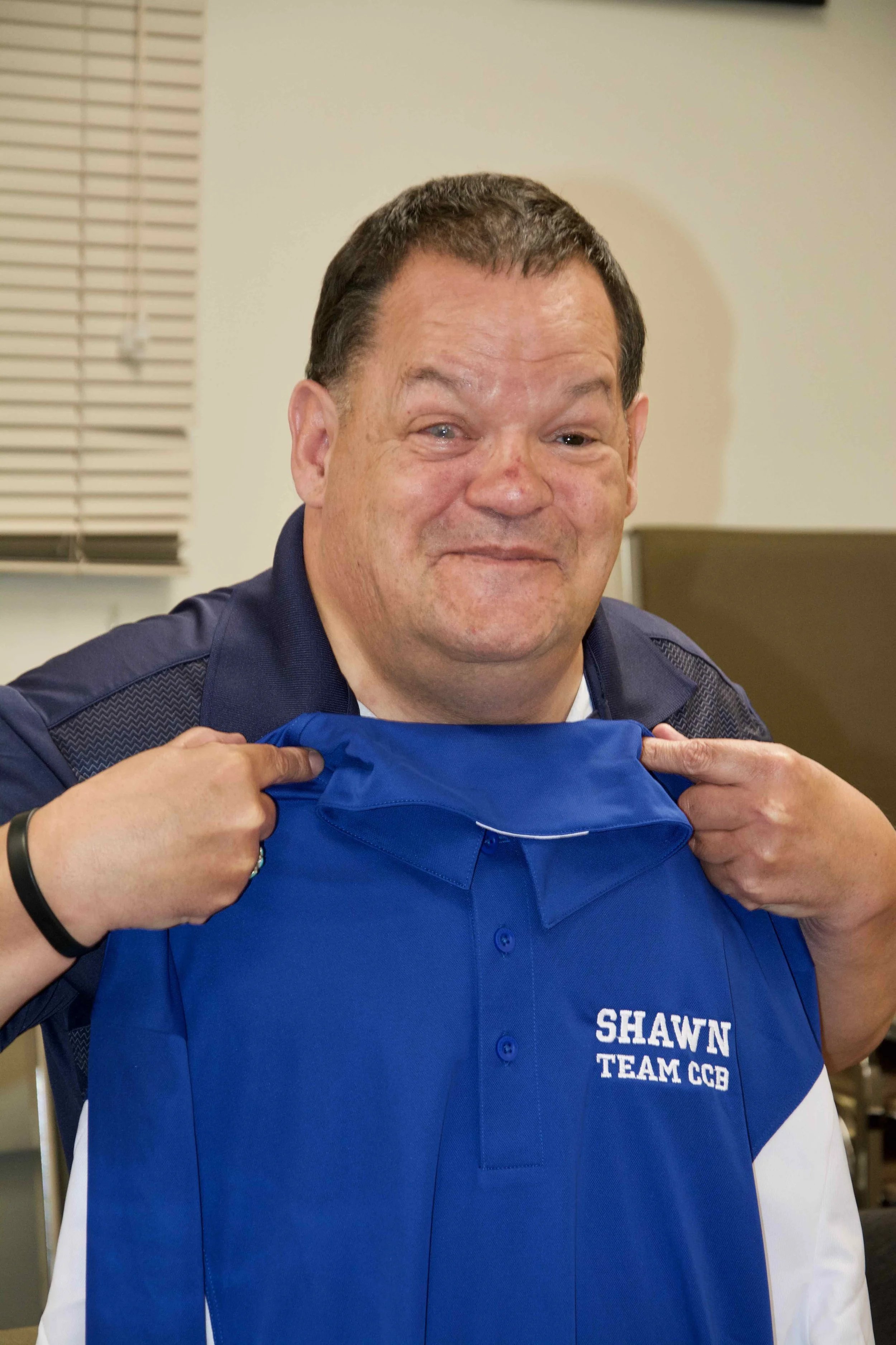 Shawn Johnson enjoying his new bowling shirt