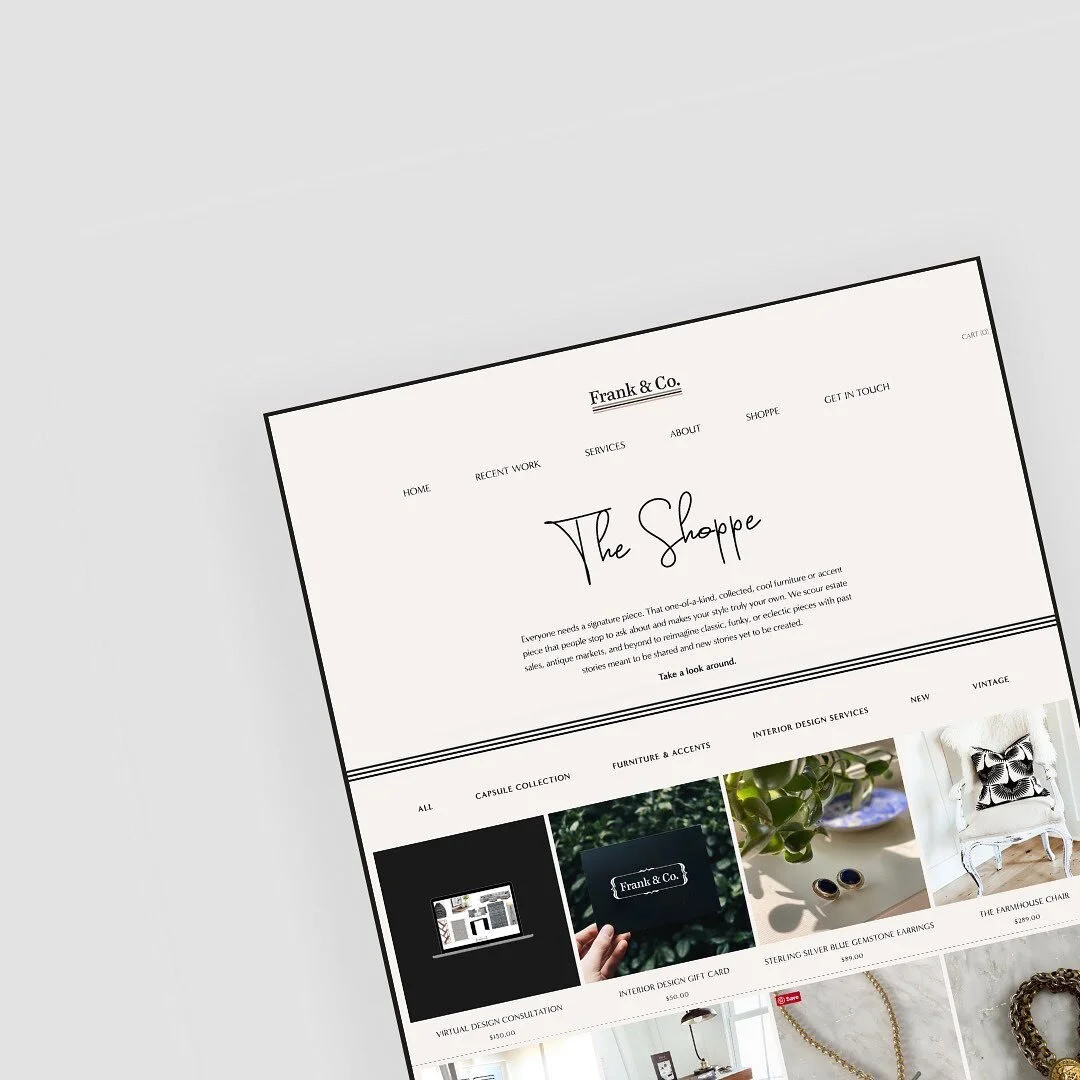 Check out this custom curated Shoppe page for @frankandcohome. Designed with a specific shoppe logo, a &ldquo;scripty&rdquo; (Yes, that&rsquo;s a word, ha! 🧡) heading, and a three banded stripe treatment to integrate Frank &amp; Co.&rsquo;s classic-