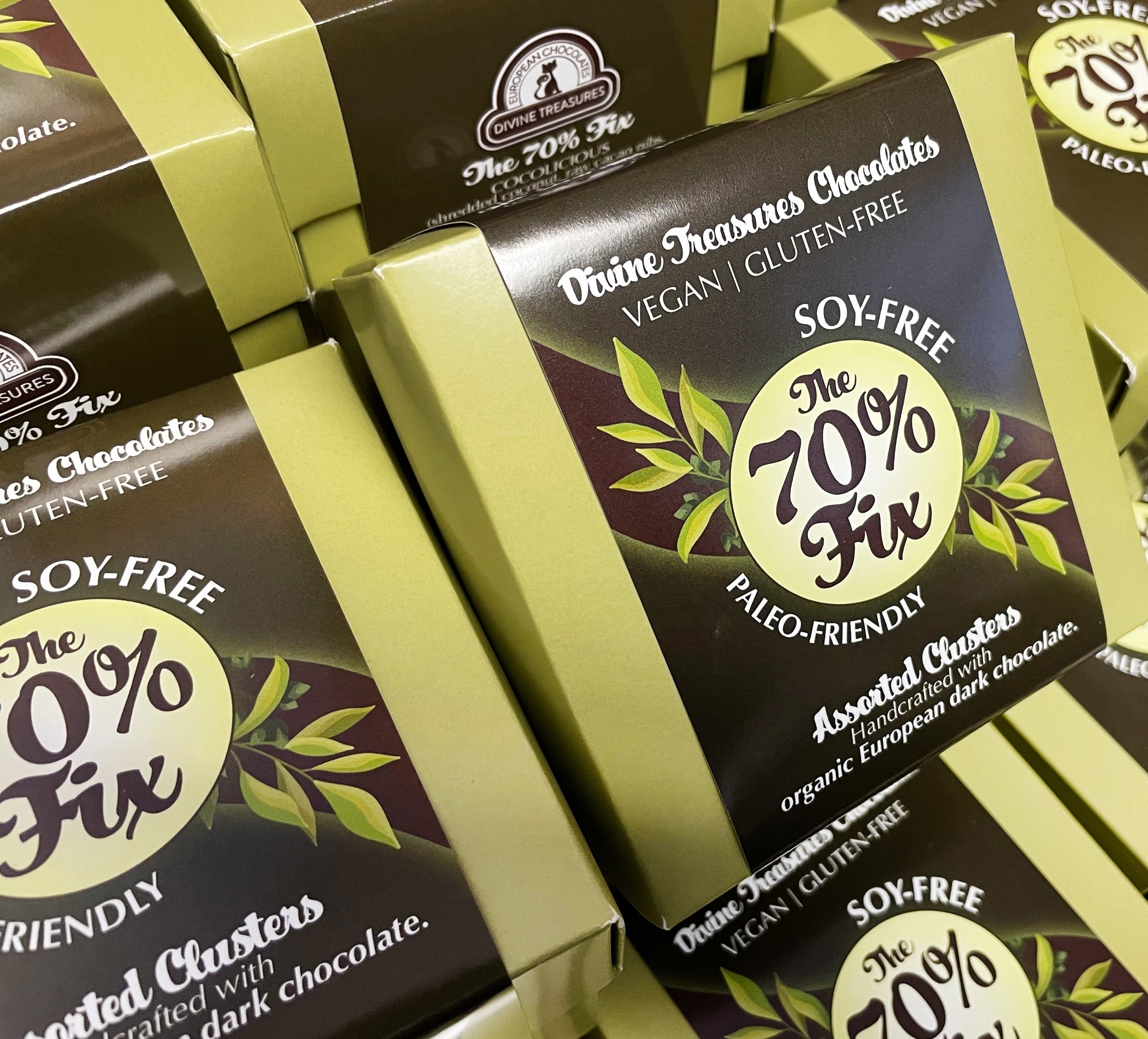   The 70% Fix  Soy-free 70% cacao dark chocolate clusters. Vegan &amp; Gluten-Free   Get Your Fix!  