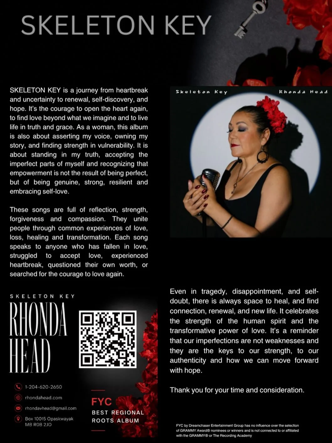 FOR YOUR GRAMMY&reg; CONSIDERATION
RHONDA HEAD &ndash; SKELETON KEY

&nbsp;&nbsp;&nbsp;&bull; &nbsp;&nbsp;&nbsp;Best Regional Roots Album
Honoured to be in this community of artists. Send me your FYCs, I&rsquo;ll be listening 

https://on.soundcloud.