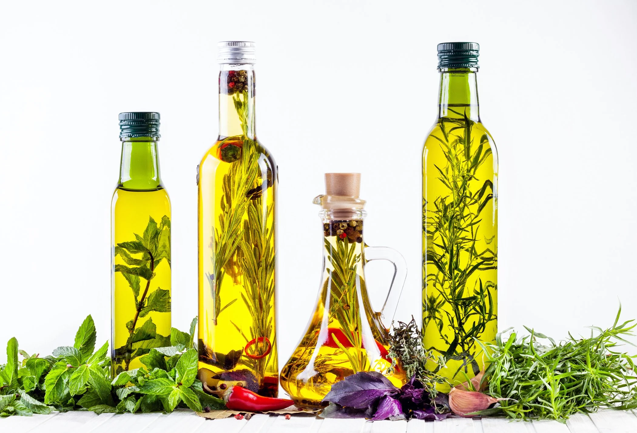 Various oils in glass bottles.