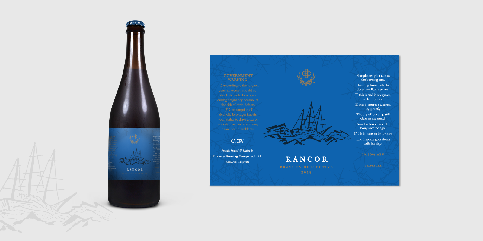  Rancor label. This label tells of a disastrous shipwreck amongst the jagged rocks and the loyalty of its captain. This triple IPA is directly illustrated by the main scene while the thorny brambles in the background allude to the intense flavor with