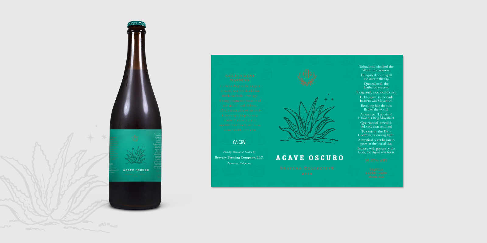  Agave Oscuro label. The agave plant is paired with a pattern of ancient Mayan symbols to visually tell the Mayan myth behind the agave plant – the inspiration behind this tequila barrel-aged dark ale. 