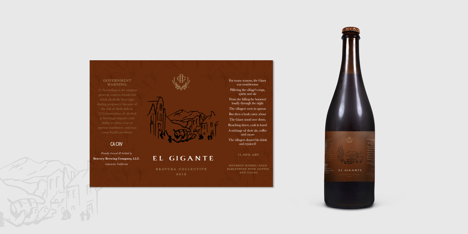  El Gigante label. This label tells the story of a giant greatly feared by the villagers, who one day brings them a delicious bourbon barrel-aged barleywine infused with cacao and coffee beans. The story is illustrated by the scene of the giant deliv