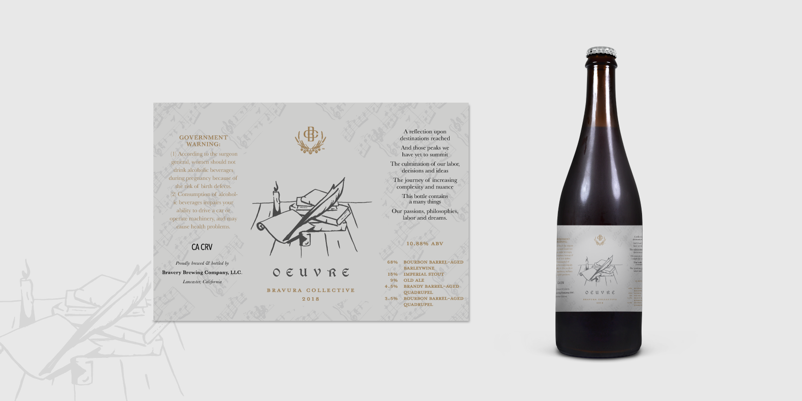  Oeuvre label. This label speaks to the artistry and meticulous nature of the Bravura Collective as a whole. The imagery of scholarly books and music notes speaks to the greatly inspired brew within, which is a complex and extremely unique dark ale b