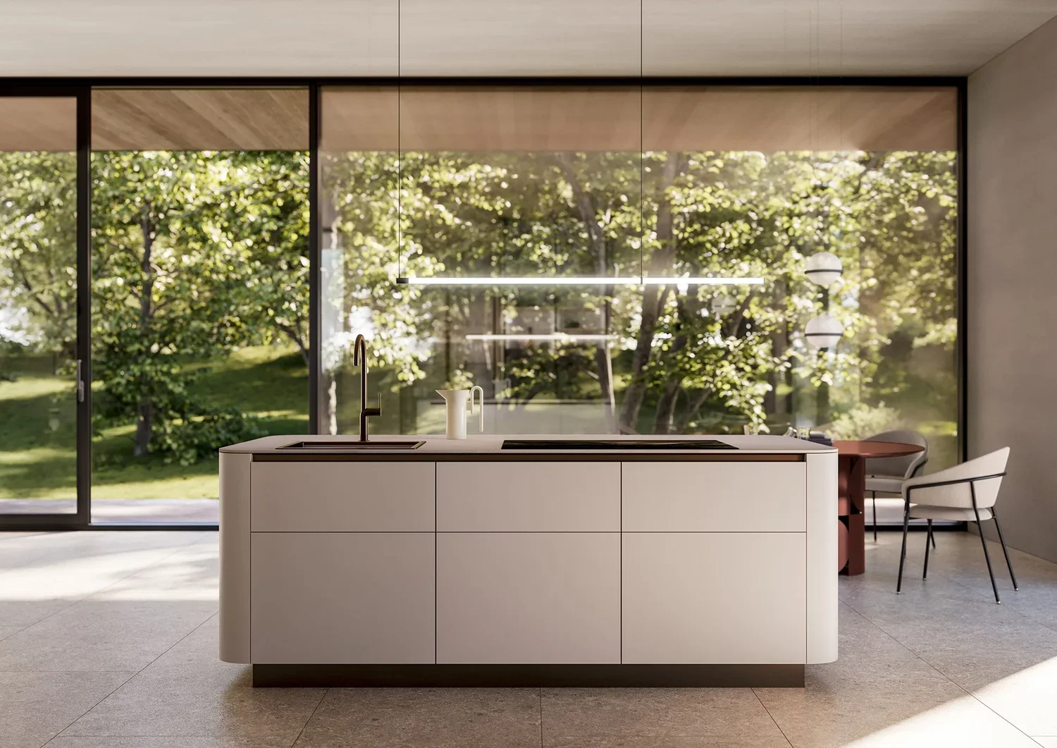 Modern minimalist kitchen island with a built-in sink and cooktop, set against floor-to-ceiling glass windows overlooking a lush green garden.