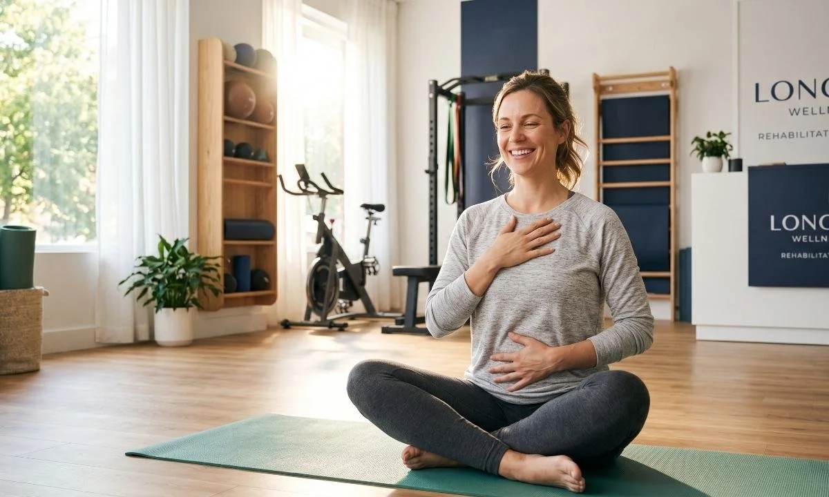 A postpartum mother practicing core breathing and functional rehab inside a health and fitness centre.