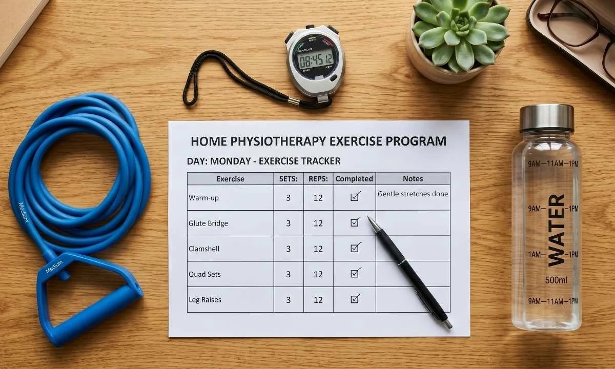 Physiotherapy home exercise program chart with a resistance band and stopwatch.
