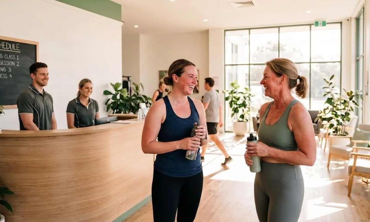 Two women chatting after a workout at a fitness centre, highlighting the community feel of group fitness.