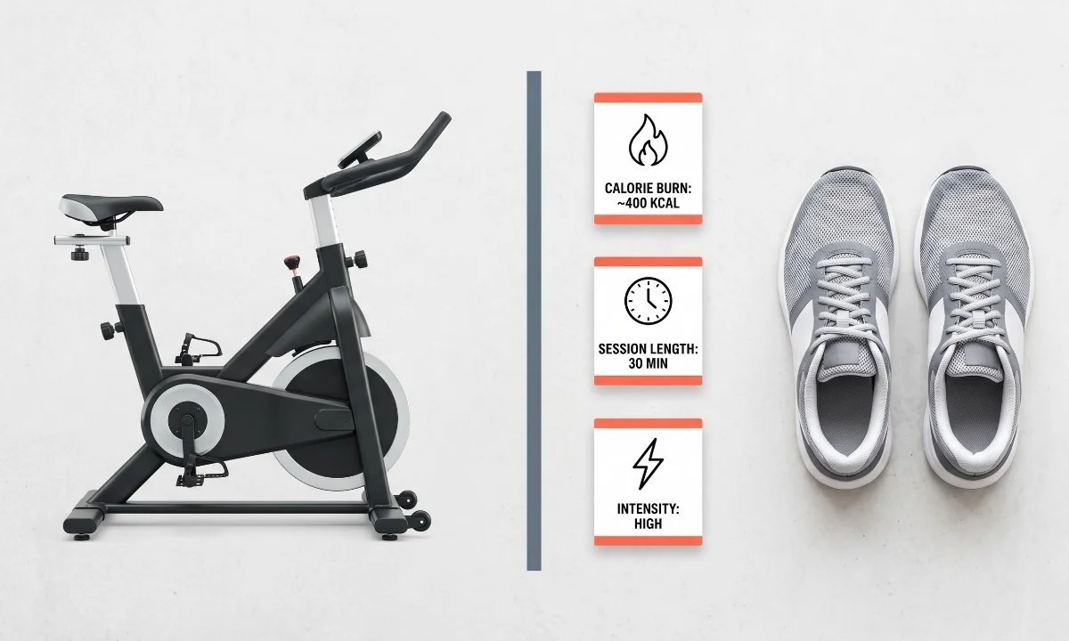 Visual comparison of indoor cycling vs HIIT stats including calorie burn and session length