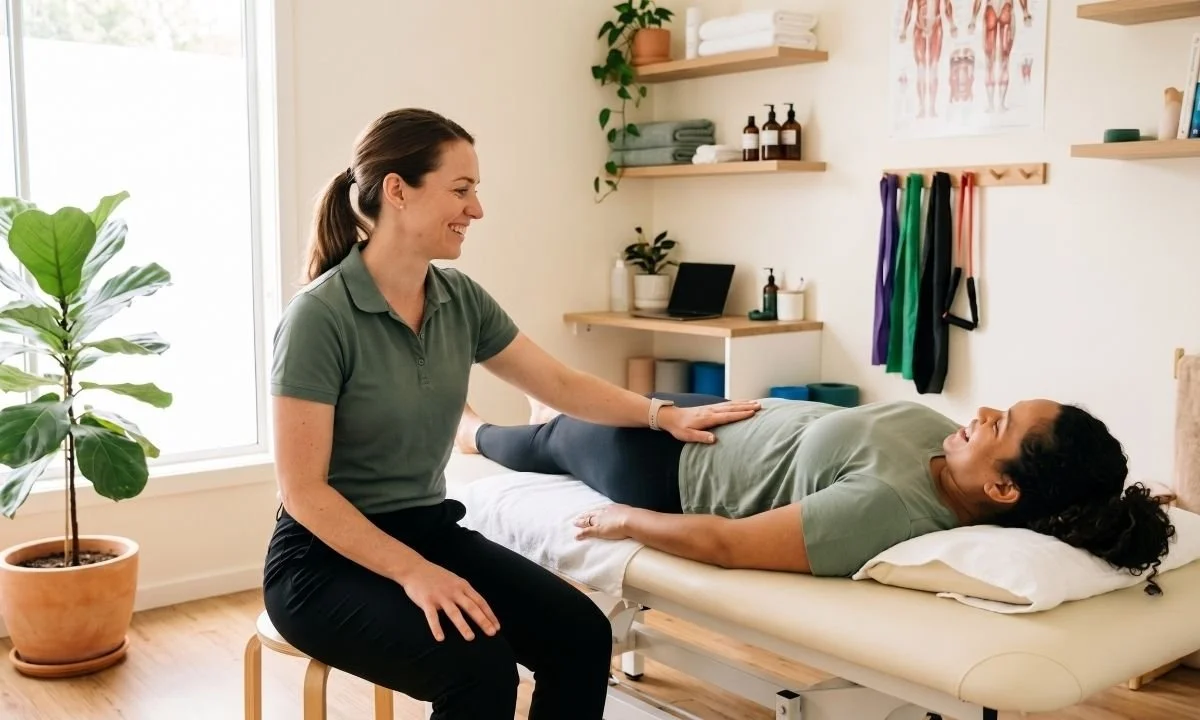 Physiotherapist assessing a postpartum woman for diastasis recti in a welcoming health clinic