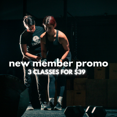 Two women at a Keswick Ontario gym, one helping the other with her workout, with promotional text for a new member promotion offering 3 classes for $39.
