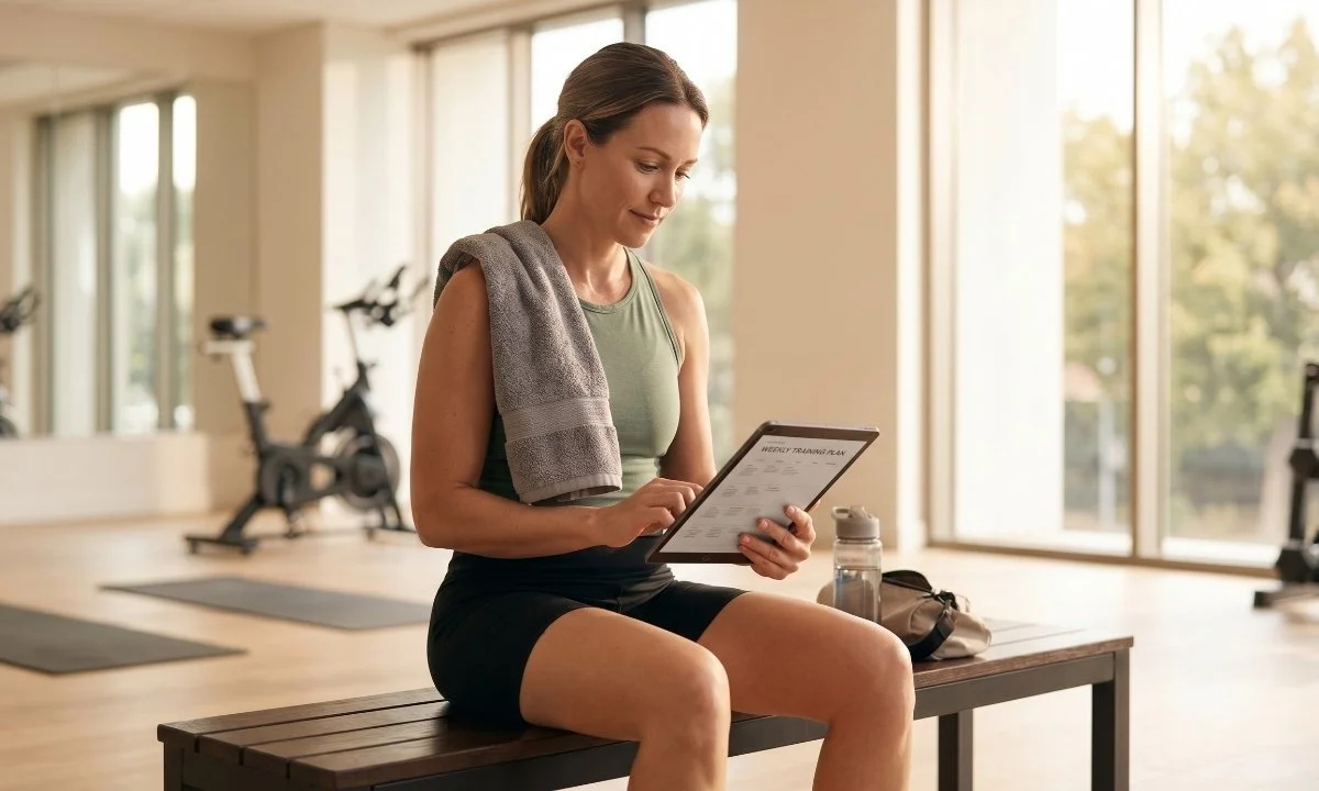 Person reviewing a fitness training plan combining indoor cycling and HIIT workouts