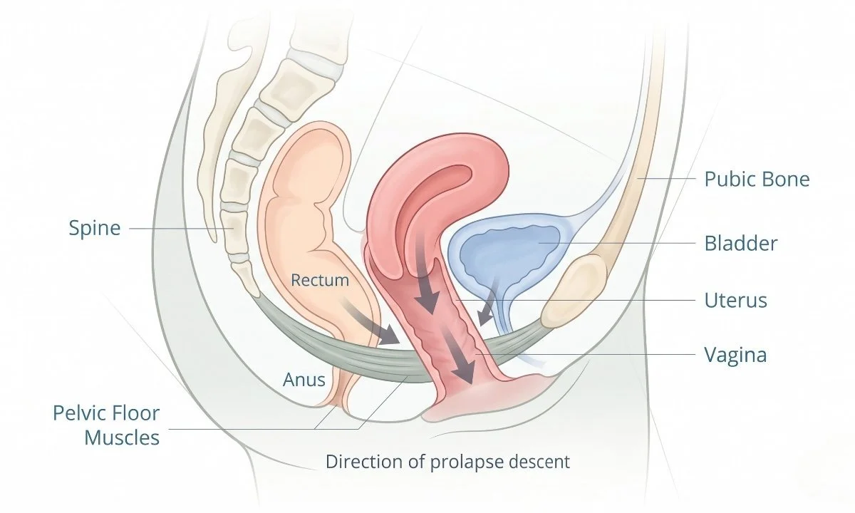 Anatomical diagram showing pelvic organ prolapse types including cystocele and rectocele