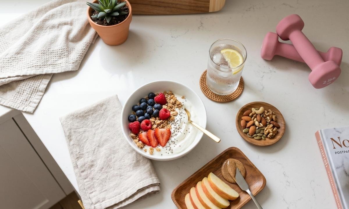Healthy postpartum fitness snacks including yogurt, berries, and water