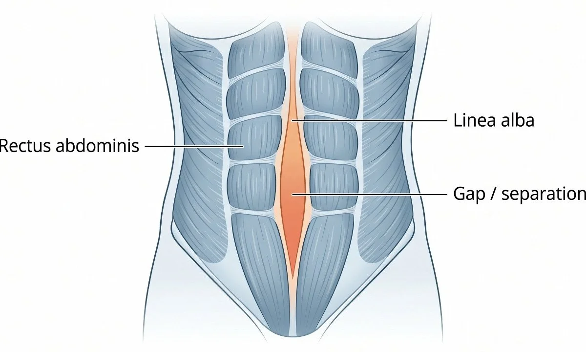 Diagram showing diastasis recti - separation of the rectus abdominis along the linea alba