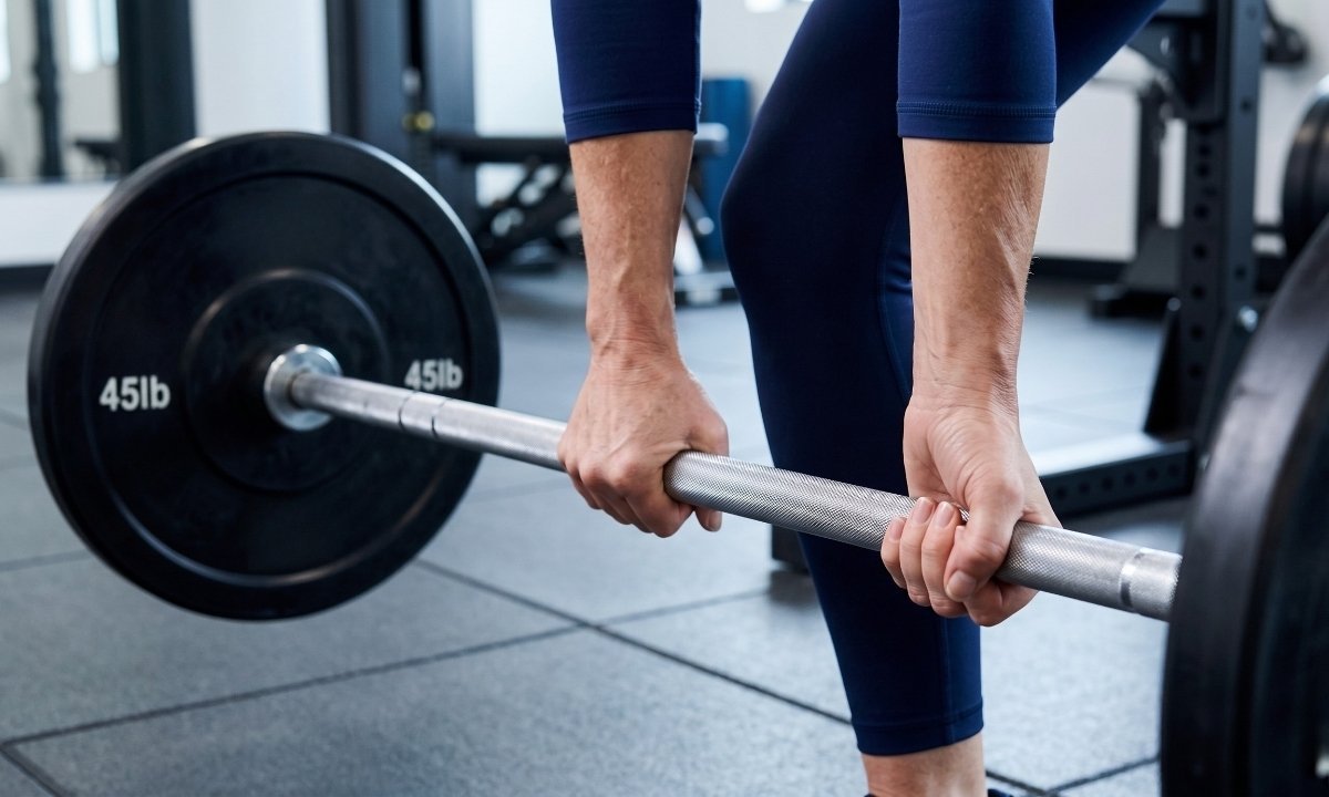 Close-up of a woman practicing proper form during a strength training in perimenopause workout session.