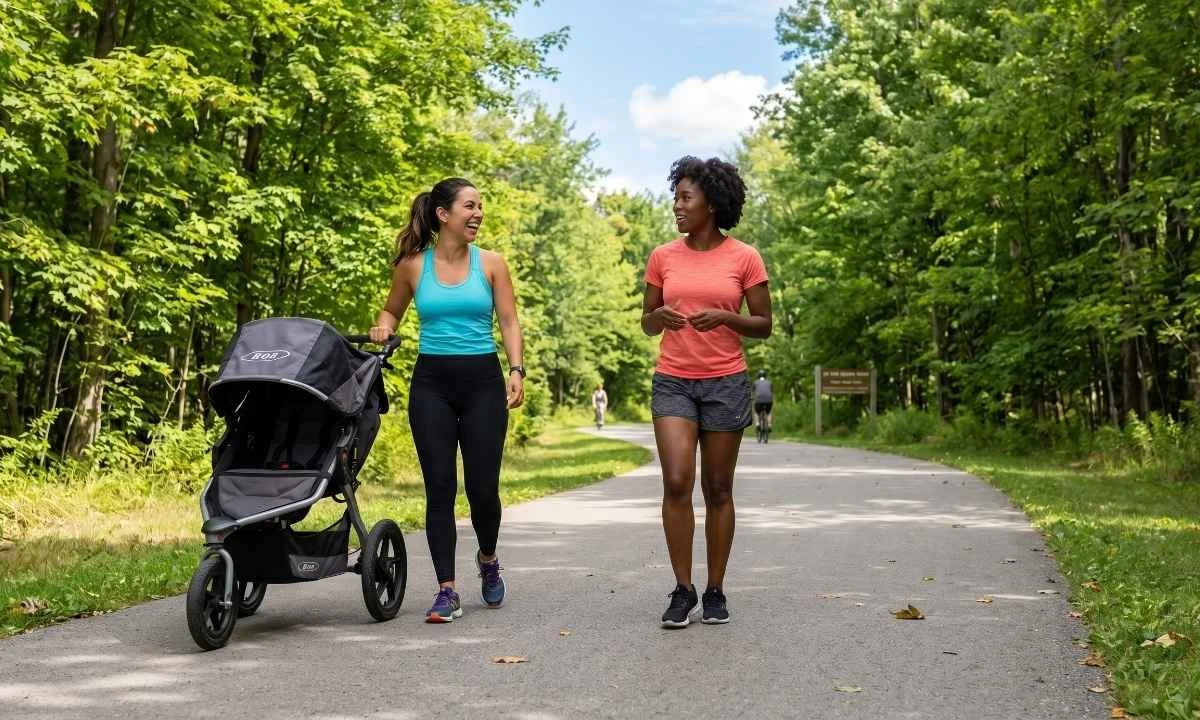 Two mothers walking outdoors with strollers for postpartum fitness