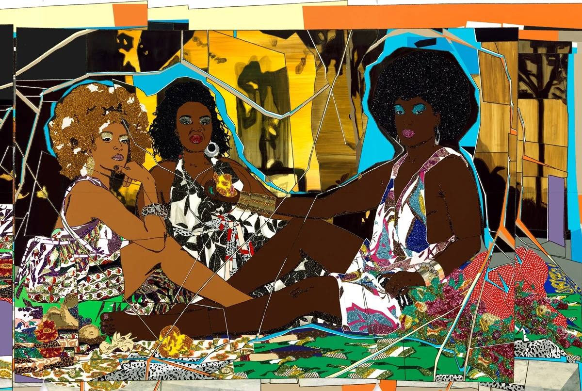 Mickalene Thomas, Le Dejeuner sur l’herbe: Les trois femmes noires (detail), 2010. Rhinestones, acrylic, and enamel on wood panel, 304.8 x 731.5 cm. The Rachel and Jean-Pierre Lehmann Collection © Mickalene Thomas