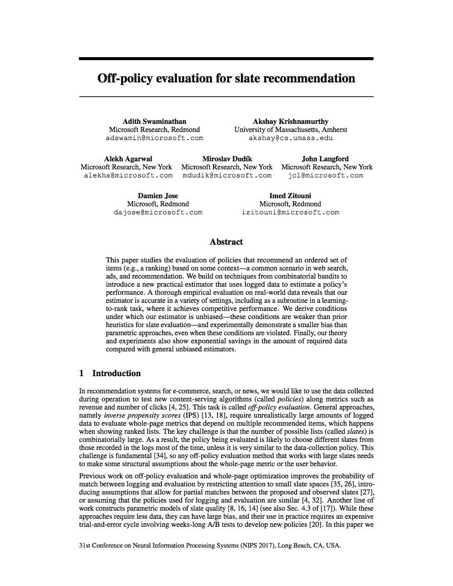 "Off-Policy Evaluation for Slate Recommendation" by Swaminathan et al. 2017
