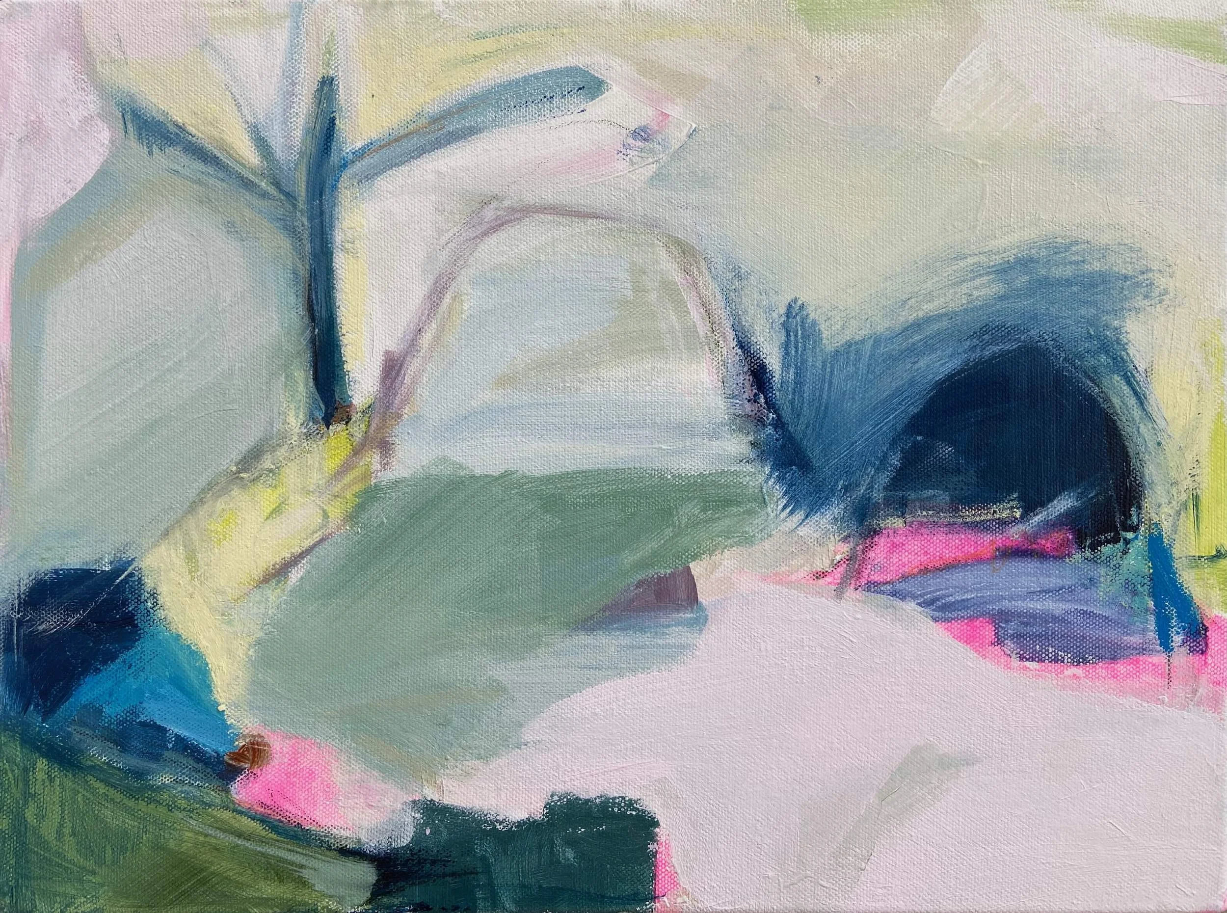 abstract landscape original painting with indication of blue palm tree