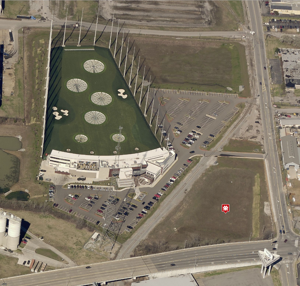 The area marked with a red tag is the land Skyline Hospitality is under contract to buy from joint landowners Sequatchie Concrete Service Inc. and LoJac Inc. Those two companies leased another part of their site to Topgolf for its high-tech driving range and entertainment complex, seen adjacent to the red pin at 306 Cowan St.
