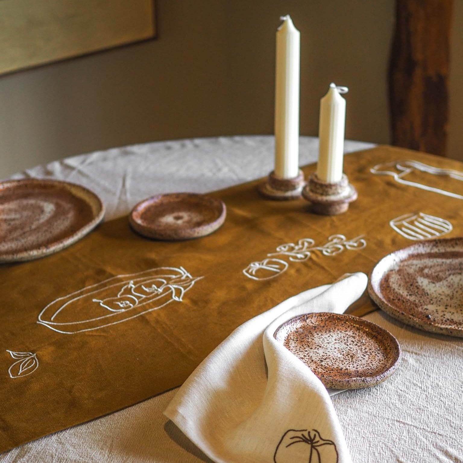 Embroidered Linen Table Runner Ochre Ceramics Ochre Ceramics
