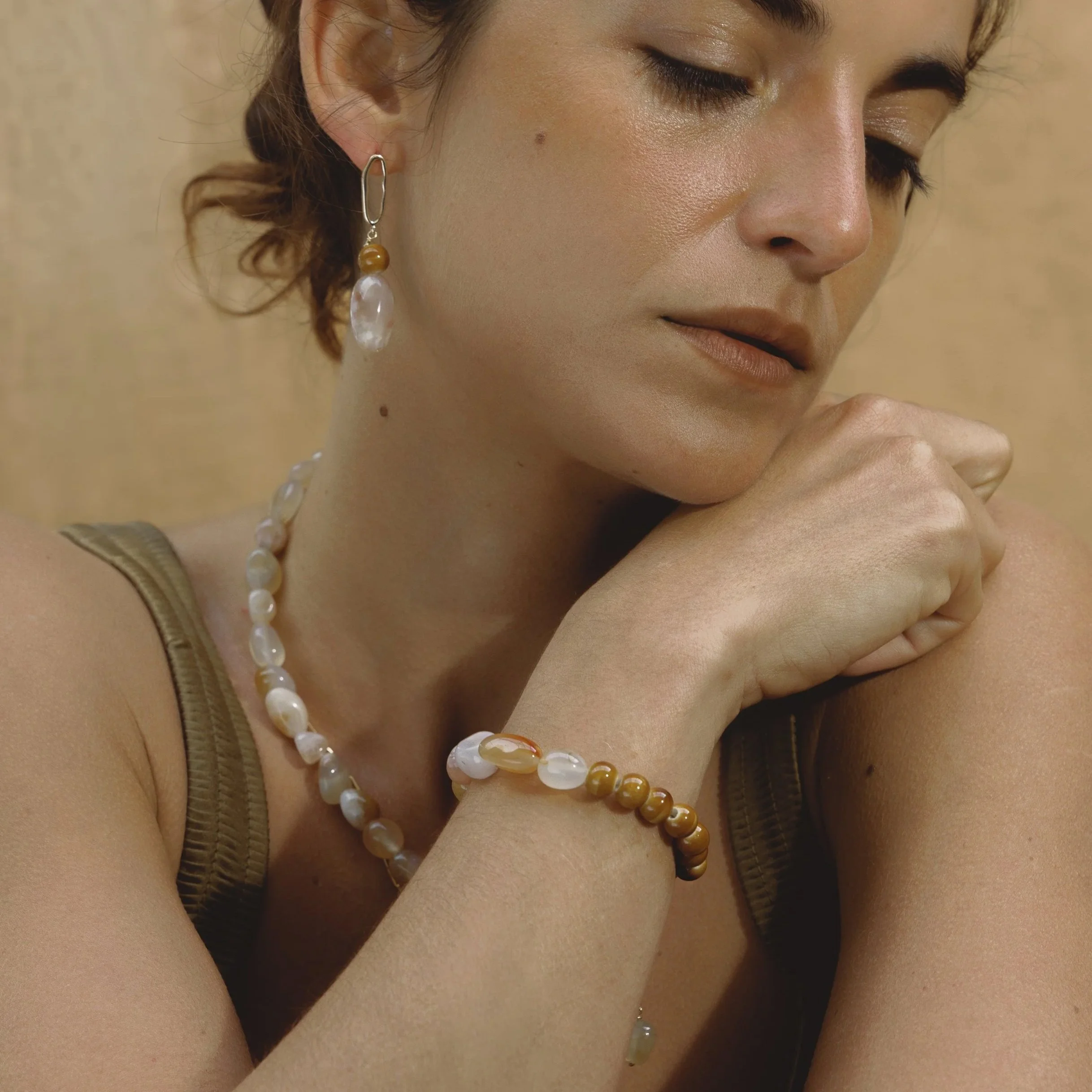 Clay & Sun Bracelet. Warm amber ceramic beads meet irregular citrine gemstone beads. Finished with 14ct gold filled findings. Ochre Jewellery, handmade Byron Bay.